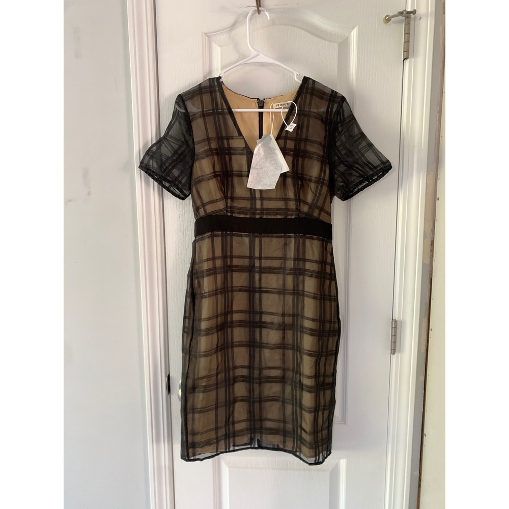 Fehaute Plaid Mesh V-Neck Midi Sheath Dress Black Brown Short Sleeve Office Wear